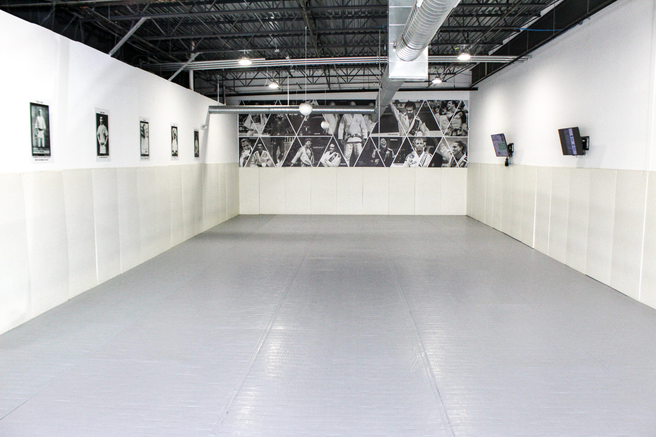 The main BJJ mat with a black-and-white Alliance team mural along the back wall