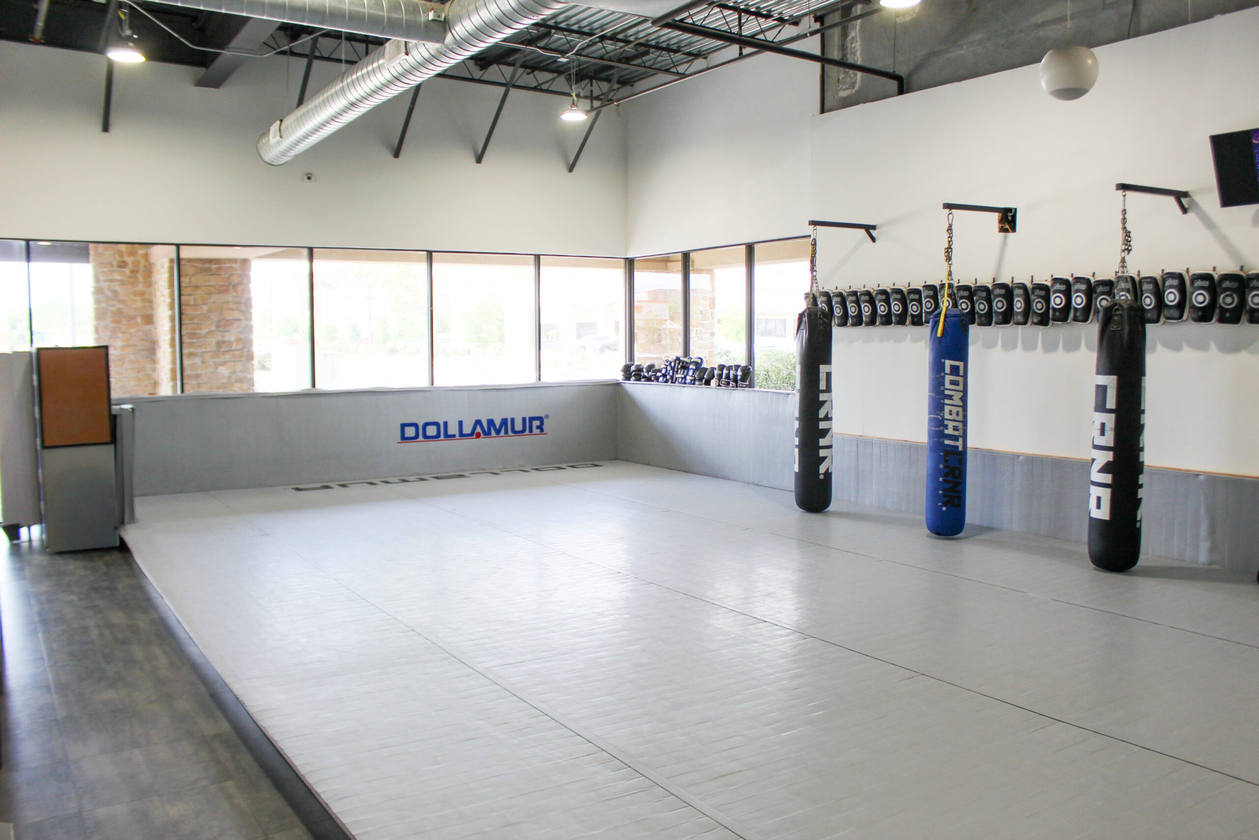 Row of hanging heavy bags along the wall above a Dollamur striking mat