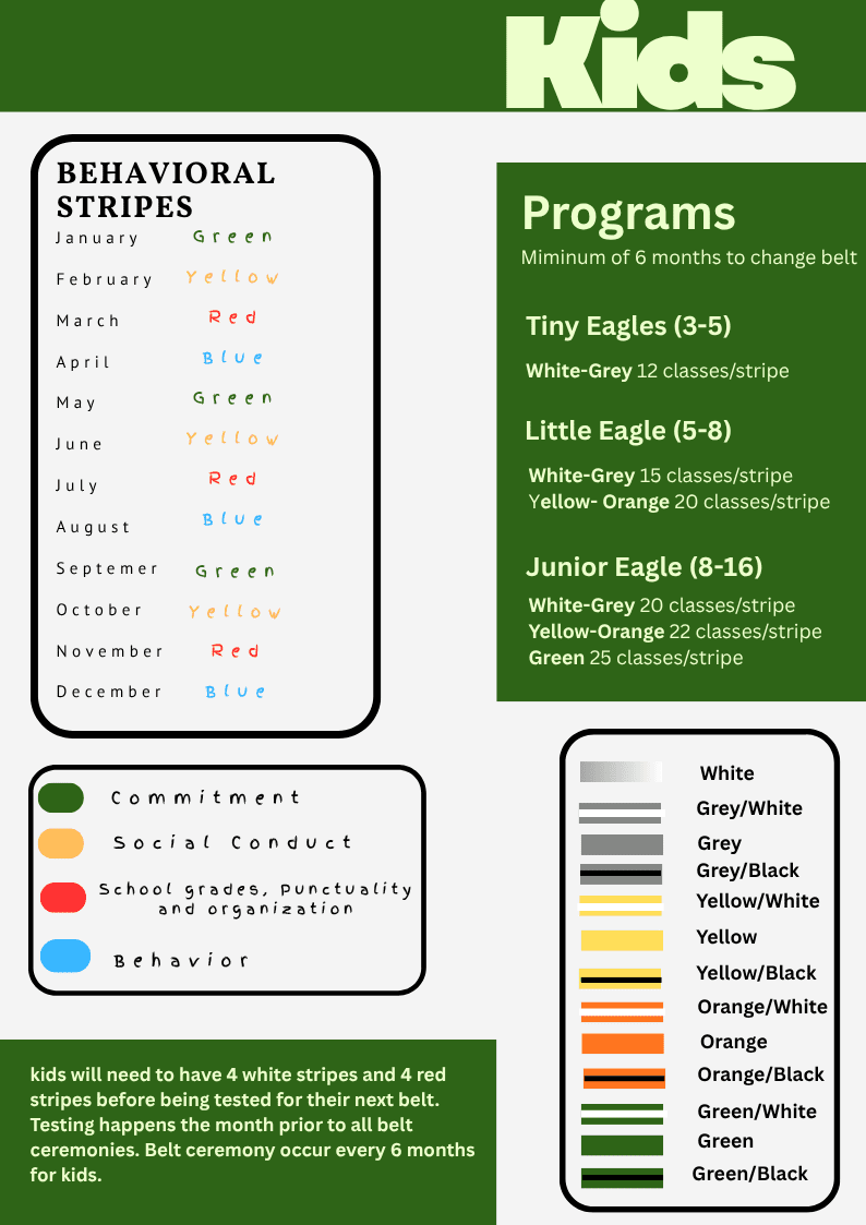 Alliance kids BJJ belt and stripe ranking chart with monthly behavioral stripes