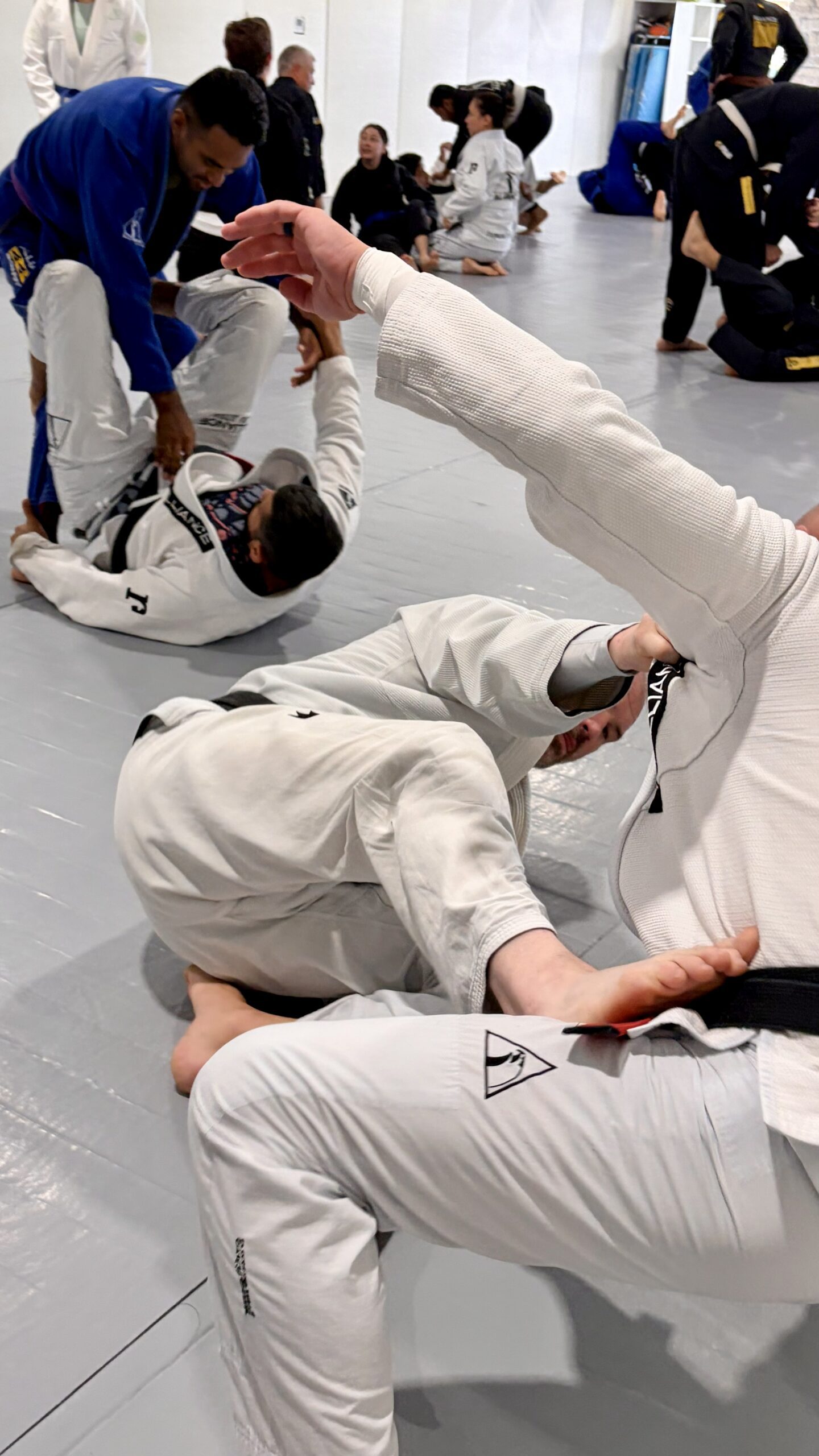 Several students in white gis grapple together during a busy adult open mat