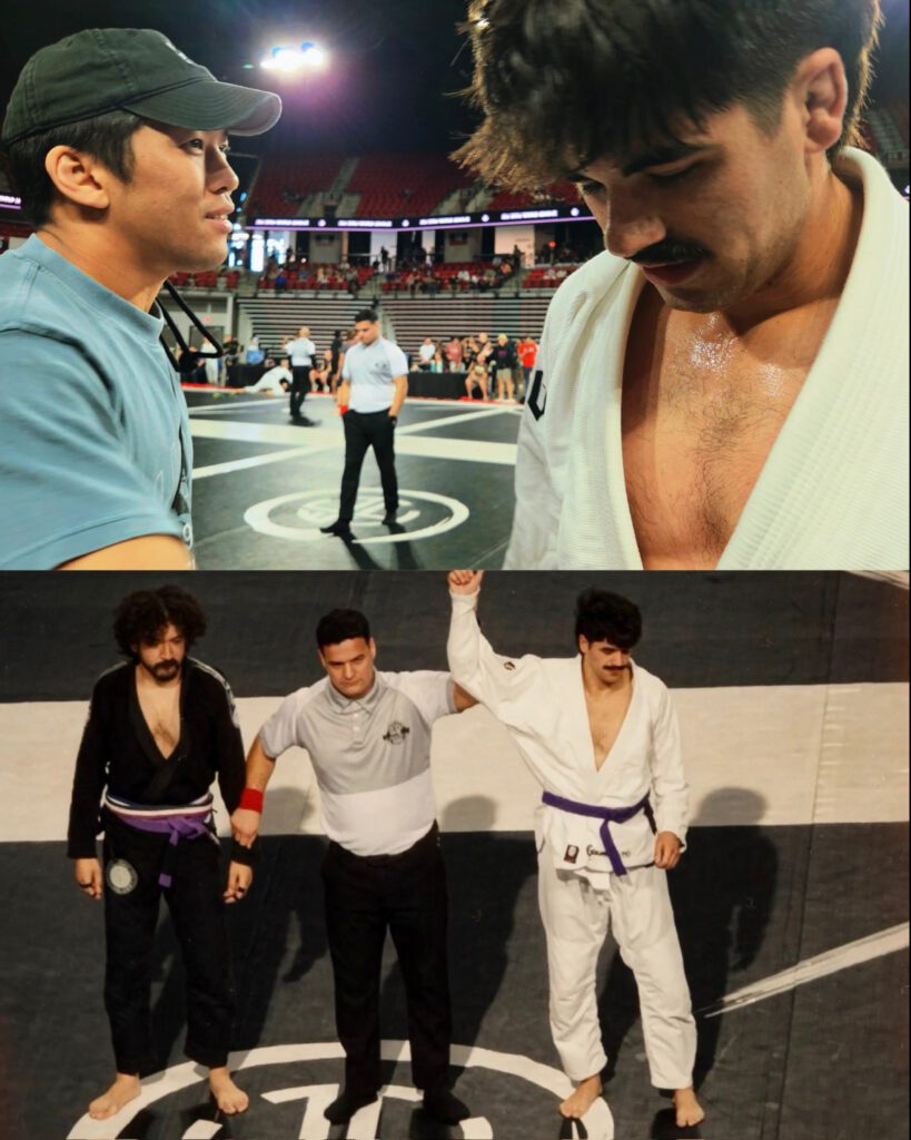 Zachary Angeles has his hand raised in the purple belt Adults gi division