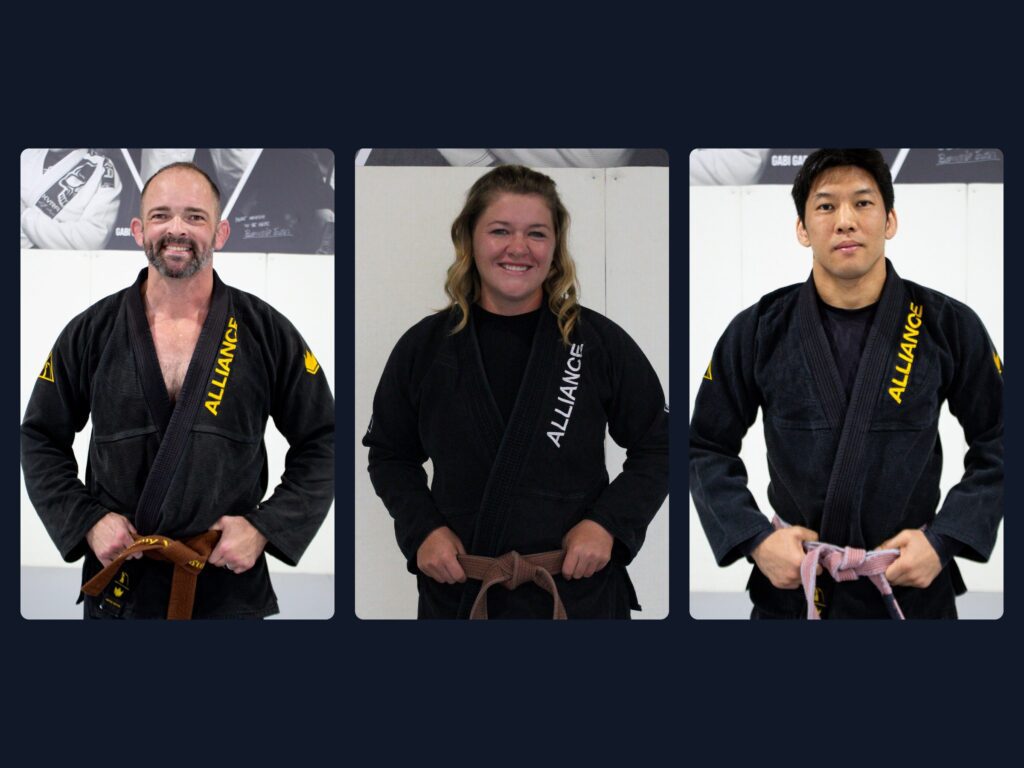 Jeremy Woodin, Kailee Crossey, and Yuta Tamura each holding a brown belt