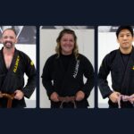 Jeremy Woodin, Kailee Crossey, and Yuta Tamura each holding a brown belt