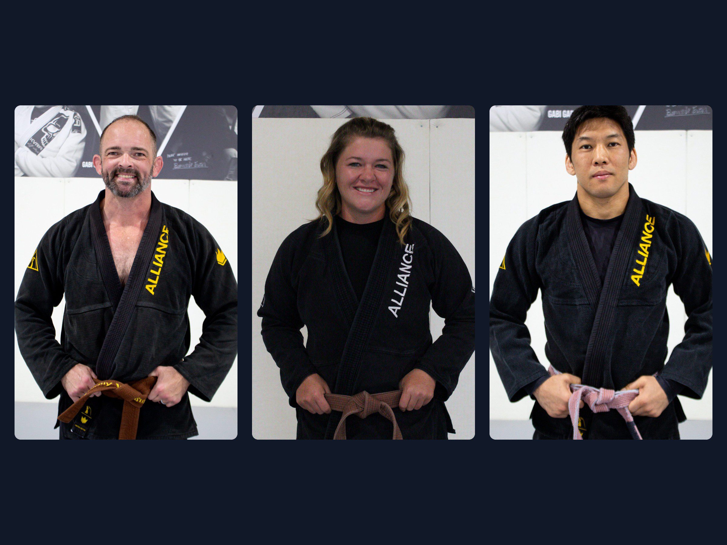 Jeremy Woodin, Kailee Crossey, and Yuta Tamura each holding a brown belt